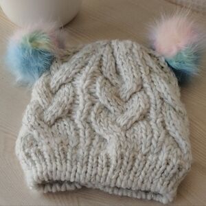 Toddler Girls Cable knit Ivory Beanie with Double Pom-pom Size 2T-5T